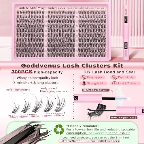 Goddvenus Lash Clusters Kit Wispy Eyelash Clusters Lashes Natural DIY Lash Extension Kit 10-16mm Cluster Eyelash Extensions Kit 300pcs C Curl Individual Lashes Cluster Eyelash (No Tweezers) - Image 5