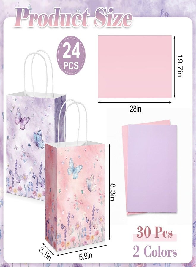 Kolldenn 24 Pack Butterfly Birthday Party Favor Gifts Bags with 30 Tissue Candy Goodie Paper Bags with Handles Pink Purple Butterfly Decorations for Birthday Wedding Baby Shower Party Supplies - Image 2