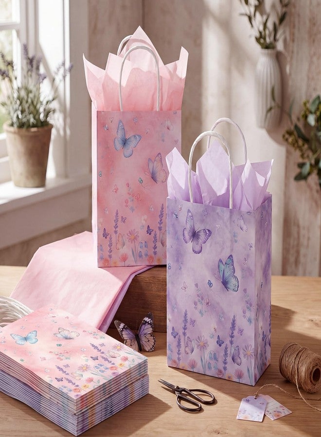 Kolldenn 24 Pack Butterfly Birthday Party Favor Gifts Bags with 30 Tissue Candy Goodie Paper Bags with Handles Pink Purple Butterfly Decorations for Birthday Wedding Baby Shower Party Supplies - Image 4