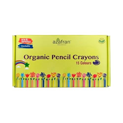 Azafran Organics - 15 Non-Toxic Plant-Based Pencil Crayons (15 COLOURS) - New Pack, For Pre School Kids, Hypoallergenic, No Mineral Oils Or Harmful Chemicals, Multi-coloured - Image 1