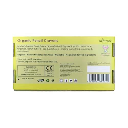 Azafran Organics - 15 Non-Toxic Plant-Based Pencil Crayons (15 COLOURS) - New Pack, For Pre School Kids, Hypoallergenic, No Mineral Oils Or Harmful Chemicals, Multi-coloured - Image 2