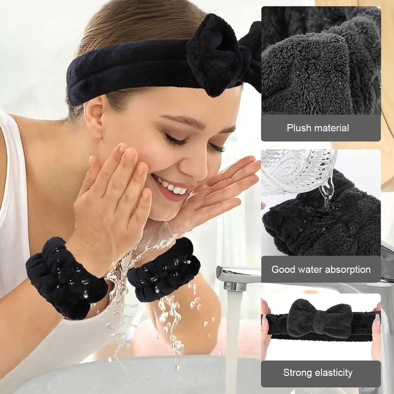 M'AYCREATE MAYCREATE Women 3 Pcs Facial Spa Headband Wristband Combo Set, Elastic Microfiber Face Wash Hairband Wrist Wash Bands For Face Washing, Makeup, Yoga, Fitness (B - Black) - Image 3