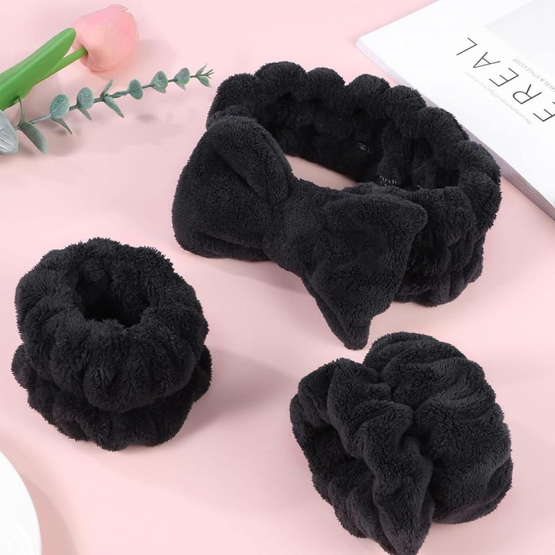 M'AYCREATE MAYCREATE Women 3 Pcs Facial Spa Headband Wristband Combo Set, Elastic Microfiber Face Wash Hairband Wrist Wash Bands For Face Washing, Makeup, Yoga, Fitness (B - Black) - Image 4