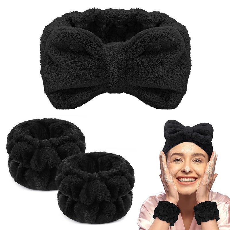 M'AYCREATE MAYCREATE Women 3 Pcs Facial Spa Headband Wristband Combo Set, Elastic Microfiber Face Wash Hairband Wrist Wash Bands For Face Washing, Makeup, Yoga, Fitness (B - Black) - Image 1