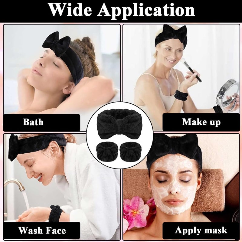 M'AYCREATE MAYCREATE Women 3 Pcs Facial Spa Headband Wristband Combo Set, Elastic Microfiber Face Wash Hairband Wrist Wash Bands For Face Washing, Makeup, Yoga, Fitness (B - Black) - Image 5
