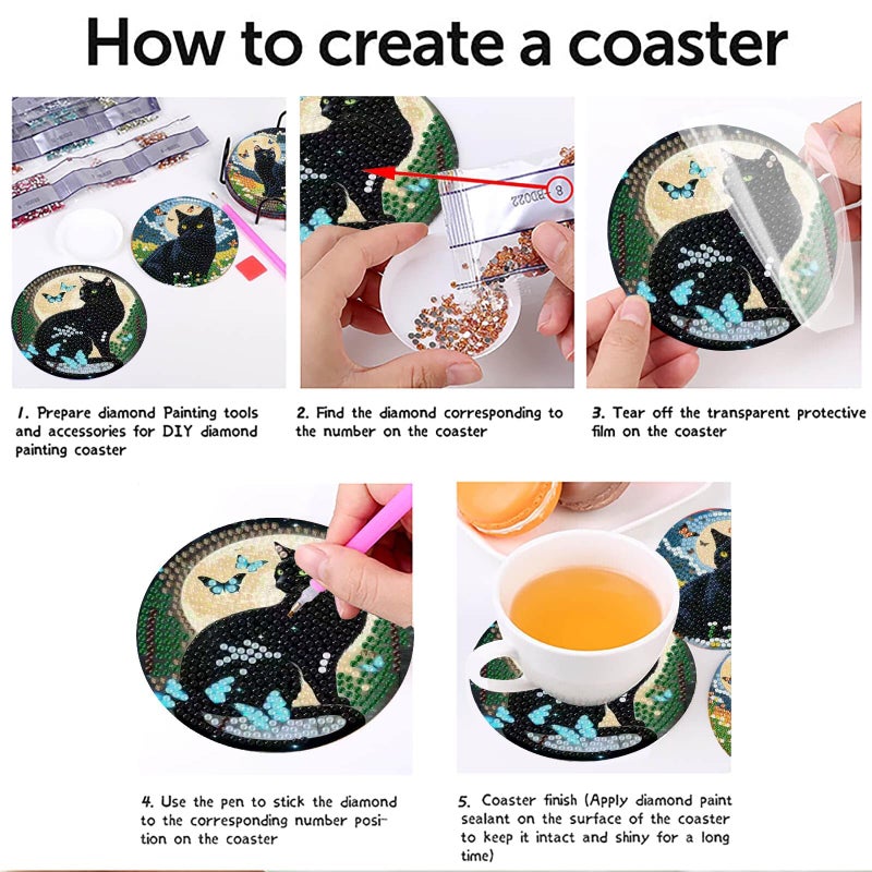 askkqtx 8 Pcs Black Cat Diamond Art Coasters Kits with Holder, Starry Moon Diamond Painting Coasters Kits for Adults, DIY 5D Diamond Dots Small Mini Kit Full Drill Art Craft Supplies 4X4 Inch - Image 5