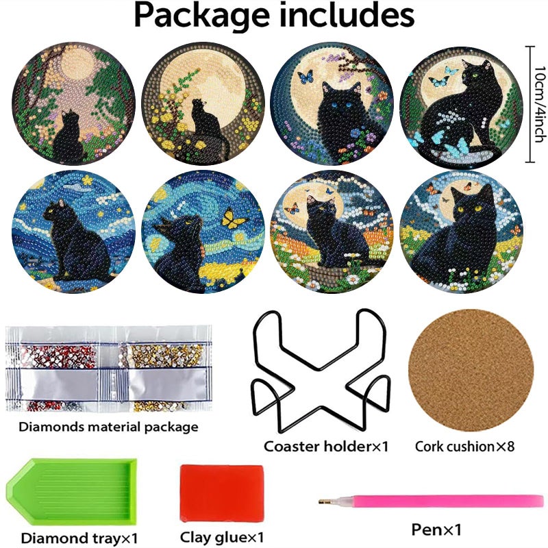 askkqtx 8 Pcs Black Cat Diamond Art Coasters Kits with Holder, Starry Moon Diamond Painting Coasters Kits for Adults, DIY 5D Diamond Dots Small Mini Kit Full Drill Art Craft Supplies 4X4 Inch - Image 4