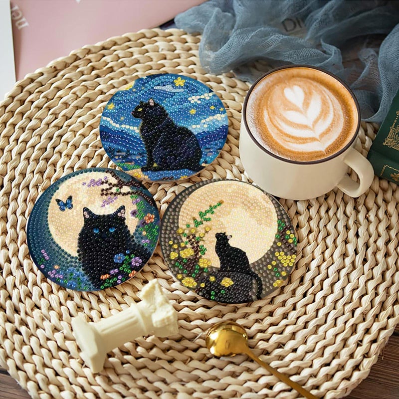 askkqtx 8 Pcs Black Cat Diamond Art Coasters Kits with Holder, Starry Moon Diamond Painting Coasters Kits for Adults, DIY 5D Diamond Dots Small Mini Kit Full Drill Art Craft Supplies 4X4 Inch - Image 2