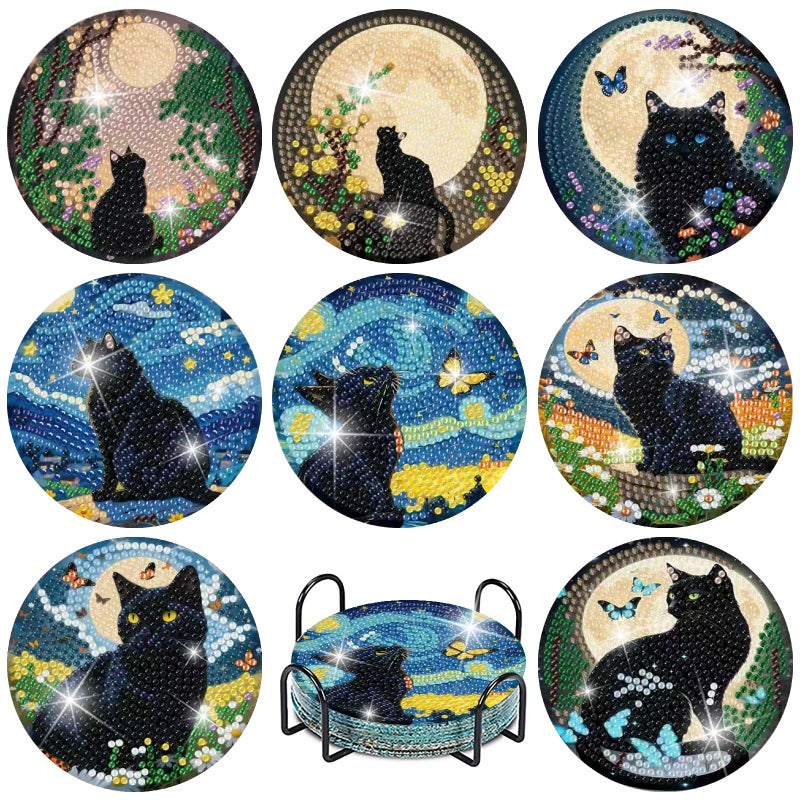 askkqtx 8 Pcs Black Cat Diamond Art Coasters Kits with Holder, Starry Moon Diamond Painting Coasters Kits for Adults, DIY 5D Diamond Dots Small Mini Kit Full Drill Art Craft Supplies 4X4 Inch - Image 1