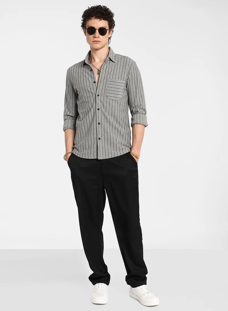 Campus Sutra Men's Moon Grey Pinstriped Shirt