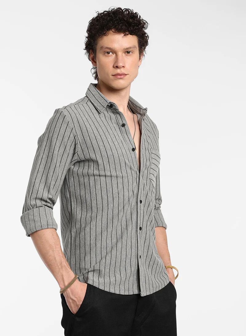 Campus Sutra Men's Moon Grey Pinstriped Shirt