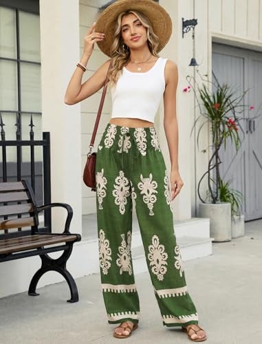 ZAFUL Boho Pants for Women Floral High Waisted Wide Leg Palazzo Pants Summer Trendy Casual Lounge Pants Women Vacation Green L - Image 4