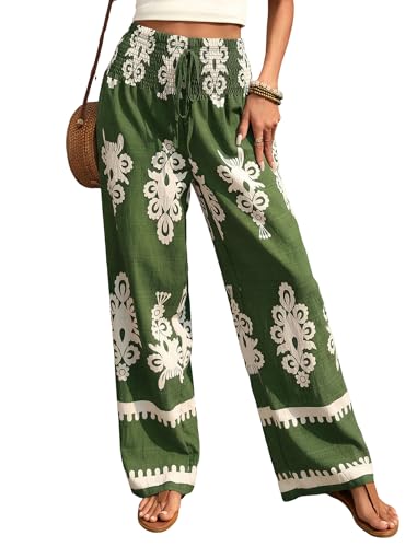 ZAFUL Boho Pants for Women Floral High Waisted Wide Leg Palazzo Pants Summer Trendy Casual Lounge Pants Women Vacation Green L - Image 1
