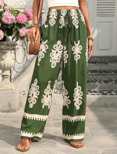 ZAFUL Boho Pants for Women Floral High Waisted Wide Leg Palazzo Pants Summer Trendy Casual Lounge Pants Women Vacation Green L - Image 3