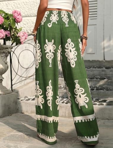 ZAFUL Boho Pants for Women Floral High Waisted Wide Leg Palazzo Pants Summer Trendy Casual Lounge Pants Women Vacation Green L - Image 2