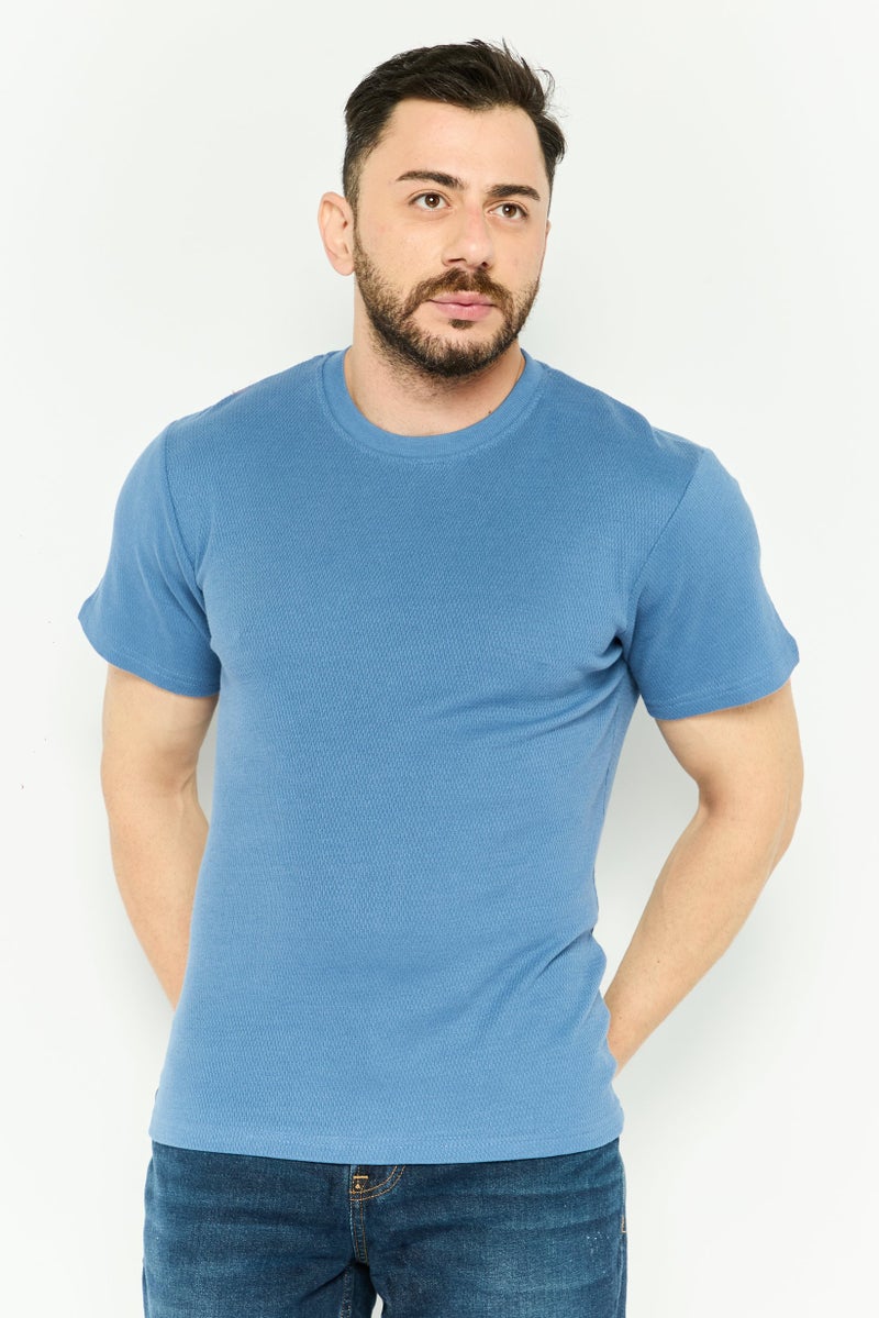 Threadbare Men Crew Neck Short Sleeve Textured T Shirt, Blue - Image 1