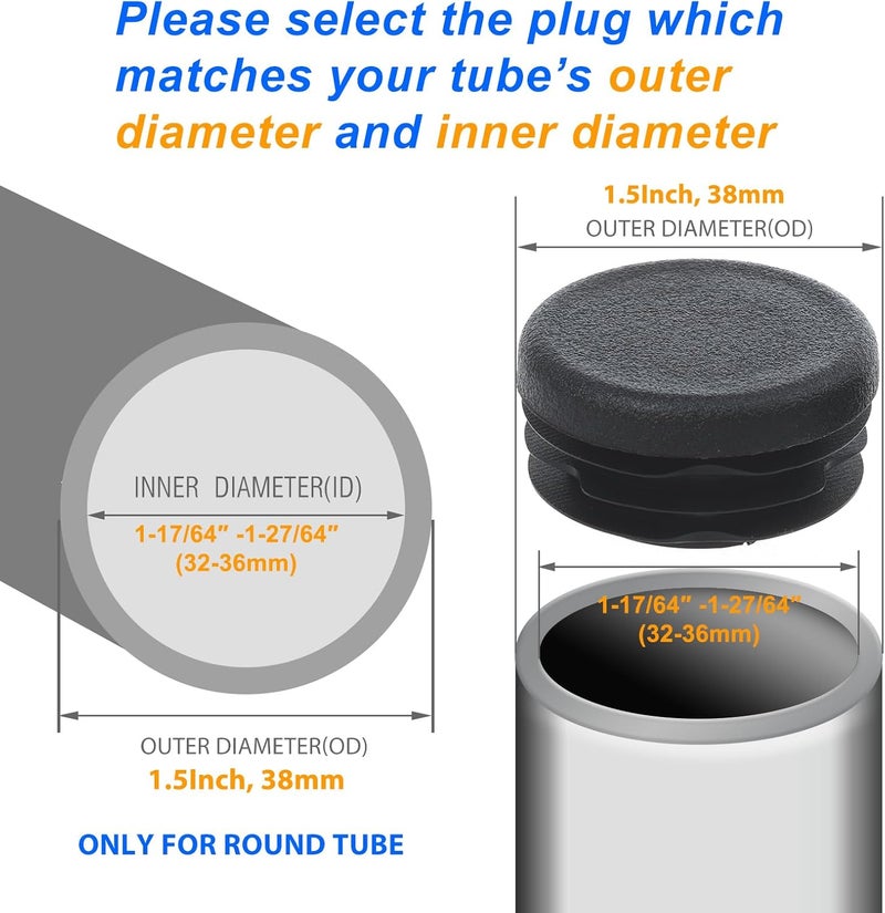Timsec 12Pcs Round Plastic Plug, End Caps for Tubing Pipe ID 32-36mm & OD 1-1/2 Inch (38mm), Steel Furniture Foot Table Chair Leg End Insert Plug Cap Covers Protector, Bar Stool Glides, Fence Plugs - Image 2