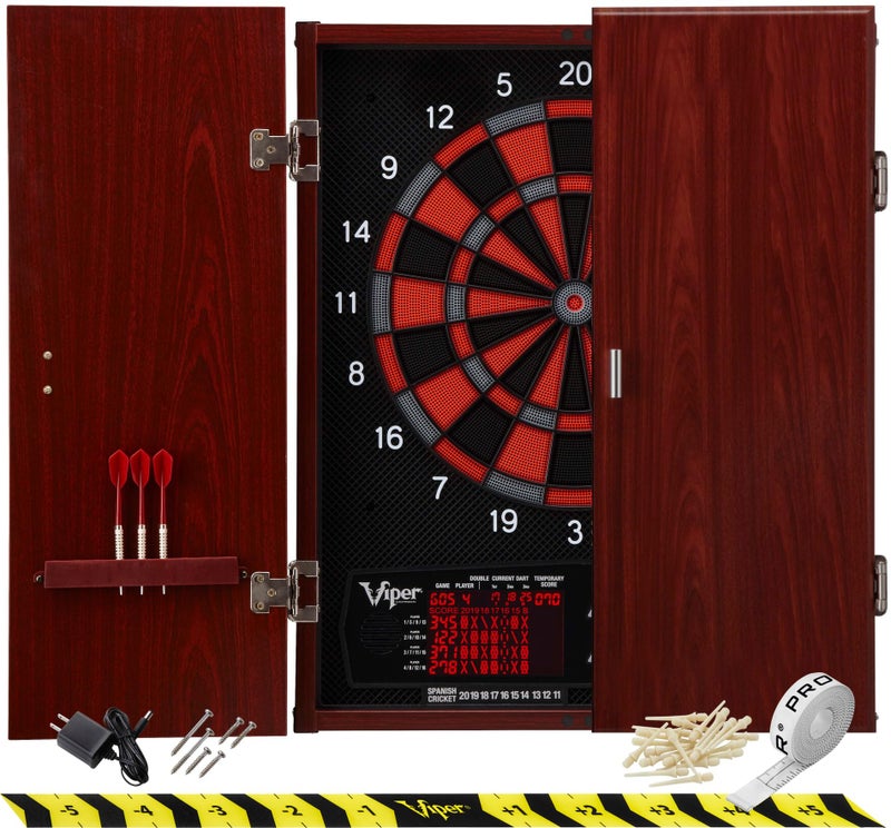 Viper by GLD Products Neptune Electronic Dartboard Cabinet Combo Pro Size Over 55 Games Large Auto-Scoring LCD Cricket Display Extended Dart Catch Area 16 Player Multiplayer with Soft Tip Darts and Power Adapter , 21.5" L x 26.5" W x 3.5" H - Image 1