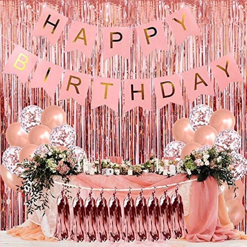 الكر مجموعة زينة حفلة عيد ميلاد ALCR للرجال والنساء والأولاد والبنات عيد ميلاد سعيد بالونات راية ستائر شرائط شرابة احباط حلويات بالونات مضخة هواء لمستلزمات ديكور الحفلات ذهبي وردي - Image 2