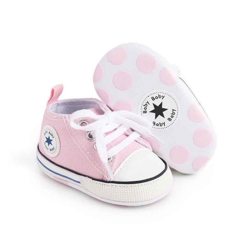 KKIIDDSS Unisex Baby Girls Boys Canvas High-top Shoes, Newborn Infant Anti-Slip Soft Sole Frist Walking Sneakers (A02/Little Pink,0-6 Months) - Image 1