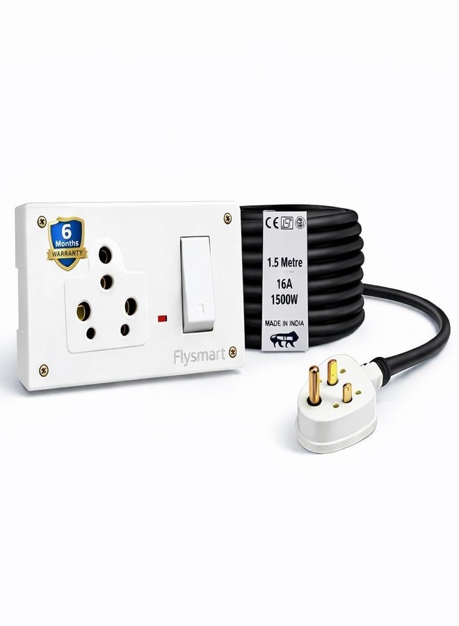Flysmart® 16A Heavy-Duty Power Saving SS Combined Extension Board | 1.5 Meter Pure Copper Wire | Universal 2-Pin & 3-Pin Socket with Switch & Indicator | Surge Protector | 6-Months Warranty - Image 1