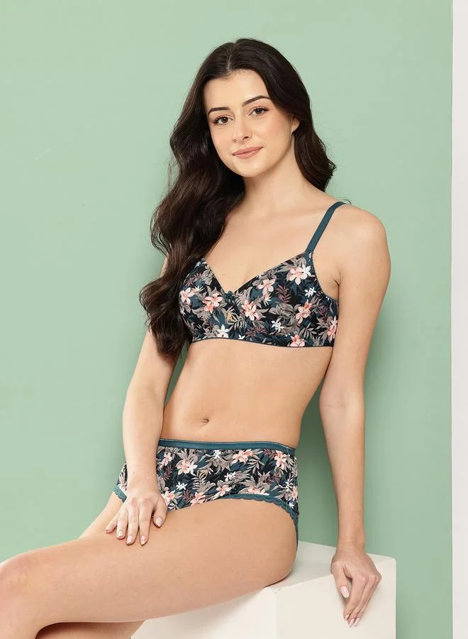 Leading Lady Teal Teal Floral Lightly Padded Non Wired Bra and Brief Set for Women | Best Price UAE