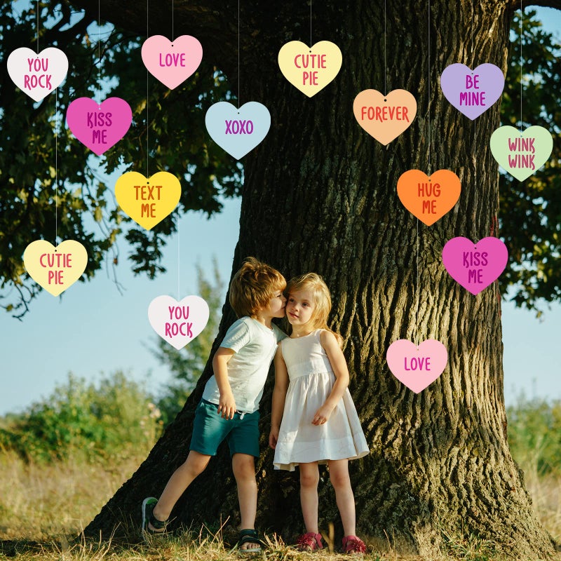Roowest 30 Pieces Valentine Heart Outdoor Hanging Ornaments Candy Heart Double Sided Romantic Conversation Hanging Candy Happy Valentine Porch Tree Yard Lawn Decor - Image 1