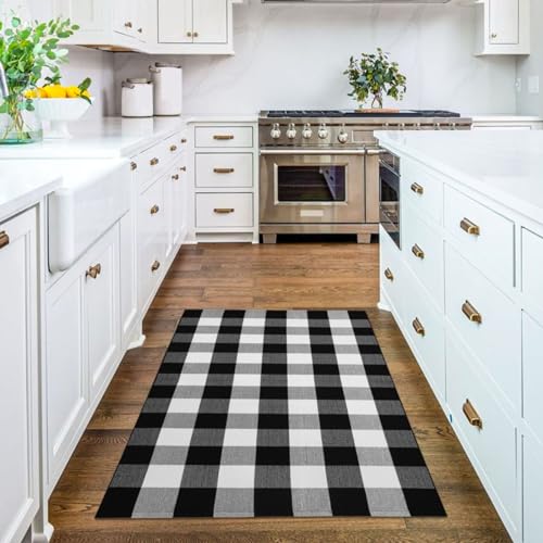 KILOCOCO Buffalo Plaid Checkered Rug - 3'x5' Front Door Mat Outdoor,Black and White Rugs Cotton Washable Front Porch Rug Layered Doormats for Patio Farmhouse Entryway Kitchen Foyer - Image 5