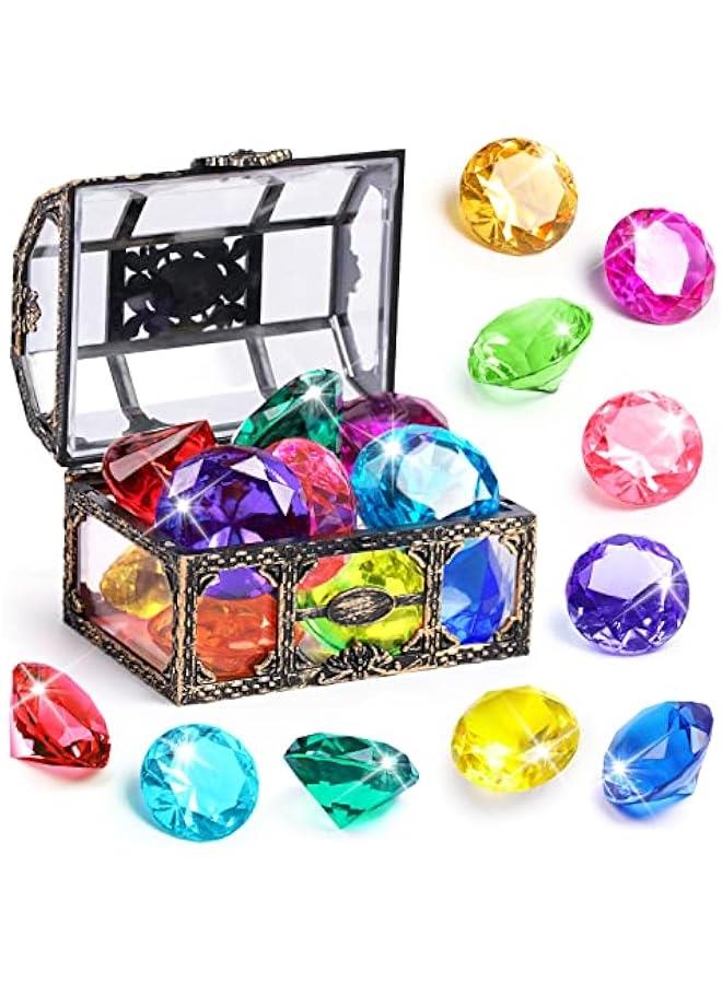Diving Gem Pool Toy 10PCS  Big Colorful Diamond Diving Toy with Treasure Box Chest Pirate Pool Toys for Kids Toddlers Underwater Sinking Dive Gemstone for Swimming Bath Birthday Party Decoration - Image 1