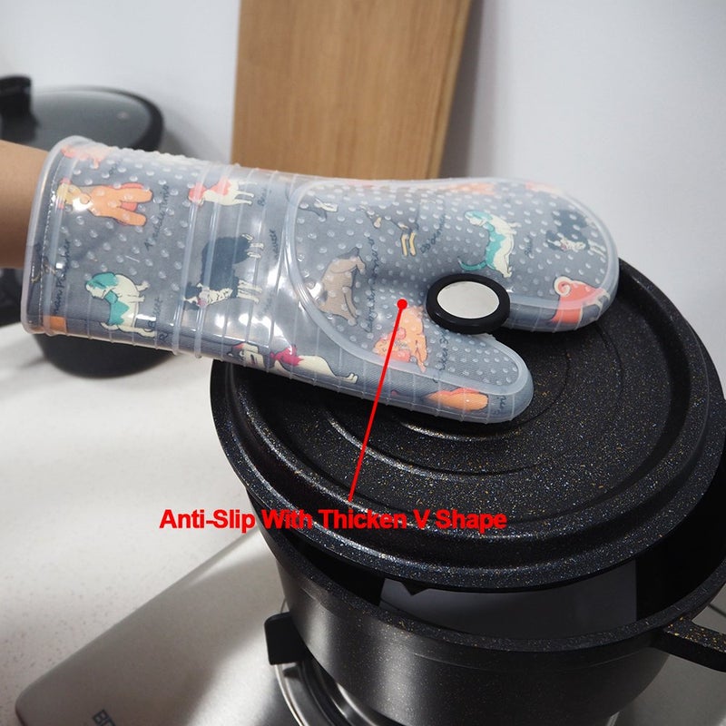 RED LMLDETA Oven Mitts Set of 2 with Transparent Clear Silicone Shell and Nice Dog Printing Cotton Lining  Heat Resistant to 500 F Kitchen Oven Gloves Pot Holder for Cooking (Gray) - Image 3