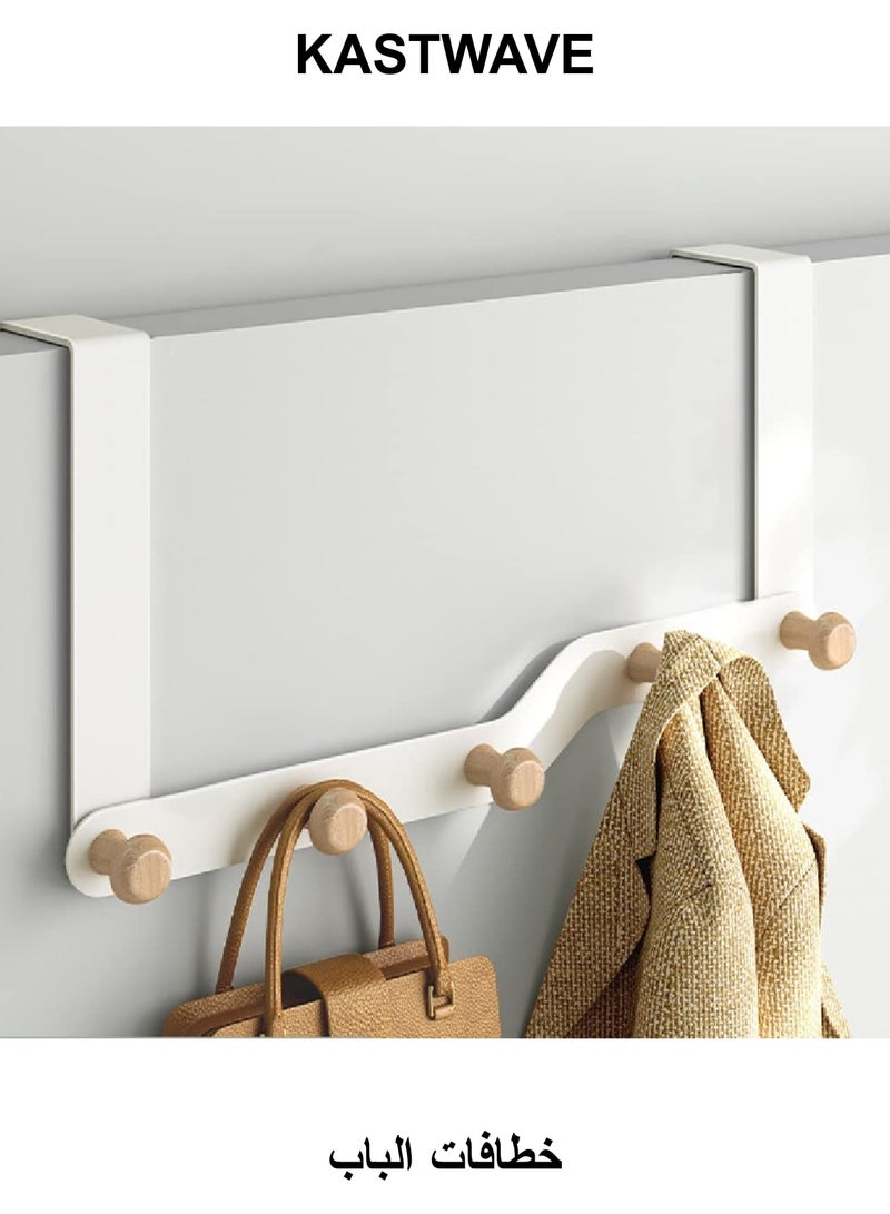 KASTWAVE Over The Door Hook Multipurpose Door Rack with 5 Wooden Hooks, Over Door Coat Hanger, Back of Bathroom Bedroom, Hanging Coats Towel Hanger Coat Rack for Towels, ClothesWhite - Image 1