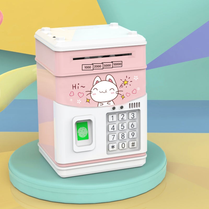 Piggy Bank: Pink Type-4 Automatic Roll Money Bank - Password & Simulated Fingerprint Design, Interactive Music, Premium ABS Material for Boys and Girls - Image 1