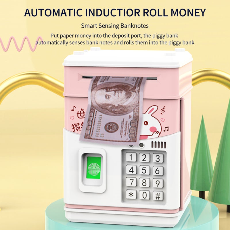 Piggy Bank: Pink Type-4 Automatic Roll Money Bank - Password & Simulated Fingerprint Design, Interactive Music, Premium ABS Material for Boys and Girls - Image 2