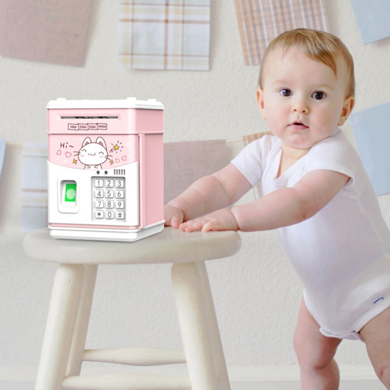Piggy Bank: Pink Type-4 Automatic Roll Money Bank - Password & Simulated Fingerprint Design, Interactive Music, Premium ABS Material for Boys and Girls - Image 3