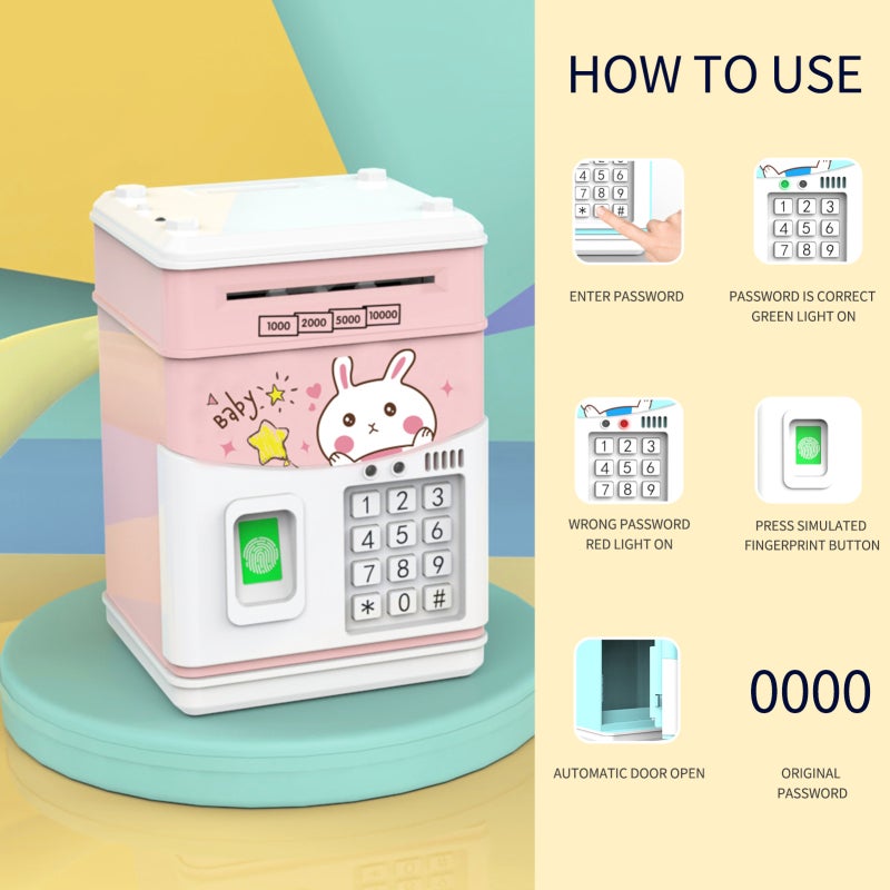 Piggy Bank: Pink Type-4 Automatic Roll Money Bank - Password & Simulated Fingerprint Design, Interactive Music, Premium ABS Material for Boys and Girls - Image 4