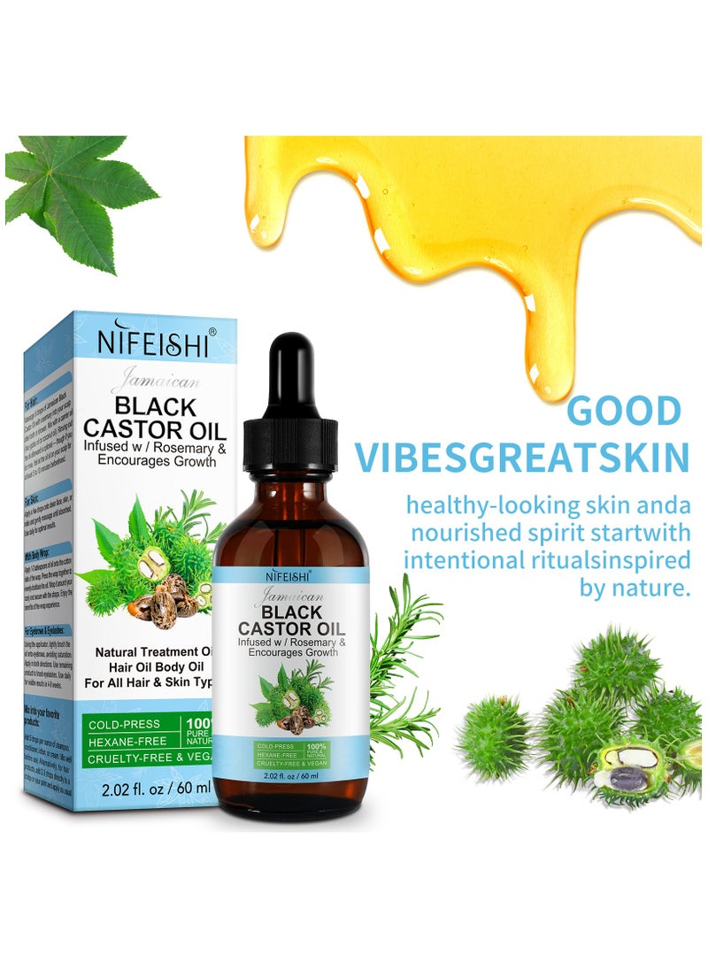 NIFEISHI - 60ml Jamaican Black Castor Oil Infused with Rosemary for Hair Growth 100% Pure Organic Cold Pressed Castor Rosemary Oil for Hair Growth Eyelash Eyebrow Growth Body & Skin Care Oil - Image 1