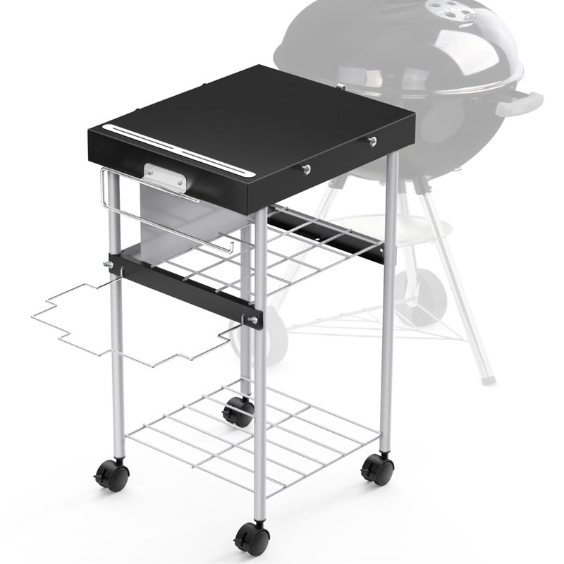 GLARETEX Grill Table Cart for Weber 22 inch Kettle 18in Charcoal Camping Carts for Blackstone 17 inch Griddle Accessories Outdoor Grillling Side Tables Freestanding Barbecue Shelves with Wheels Storage - Image 1