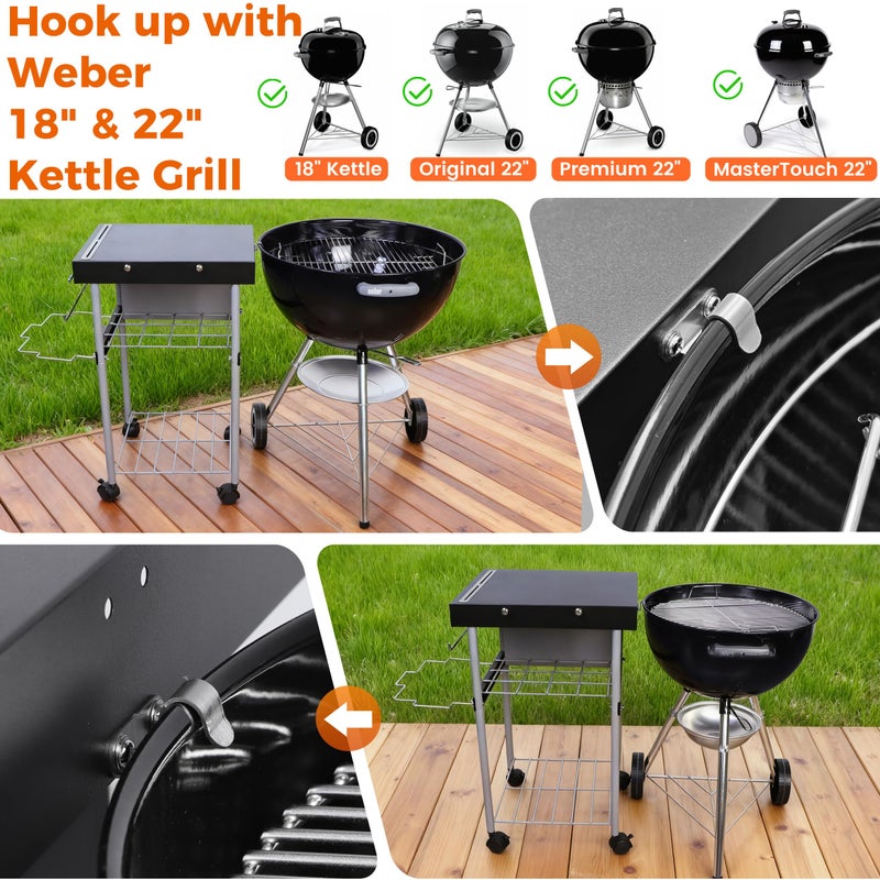 GLARETEX Grill Table Cart for Weber 22 inch Kettle 18in Charcoal Camping Carts for Blackstone 17 inch Griddle Accessories Outdoor Grillling Side Tables Freestanding Barbecue Shelves with Wheels Storage - Image 2