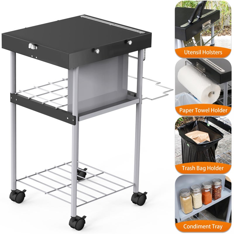 GLARETEX Grill Table Cart for Weber 22 inch Kettle 18in Charcoal Camping Carts for Blackstone 17 inch Griddle Accessories Outdoor Grillling Side Tables Freestanding Barbecue Shelves with Wheels Storage - Image 4