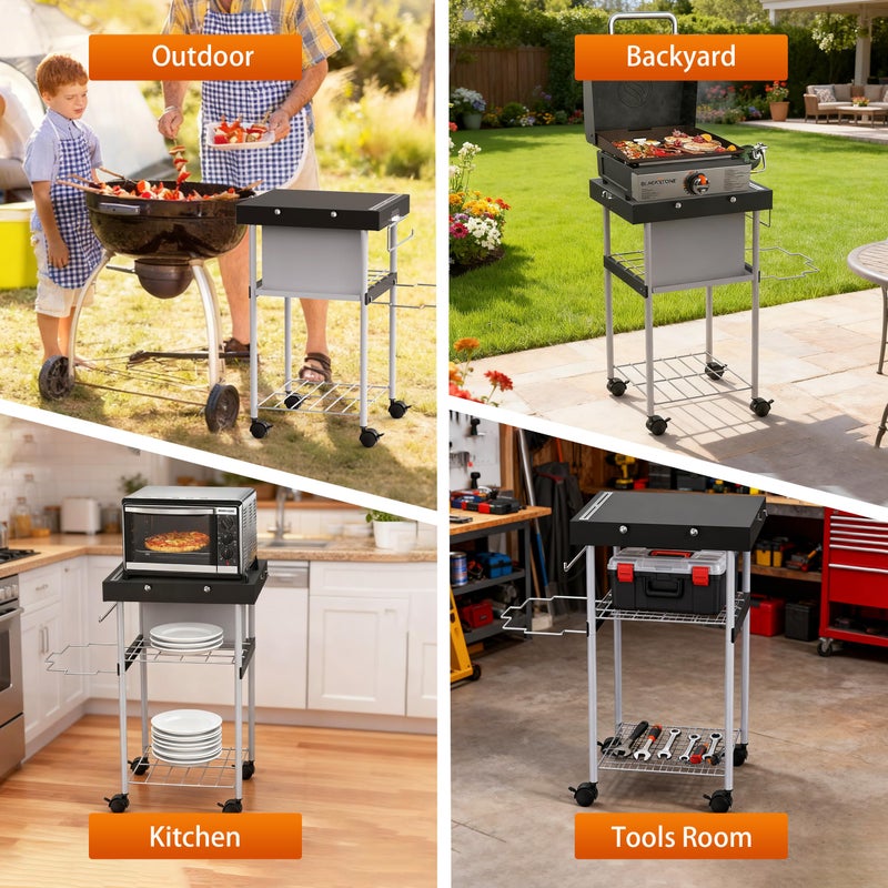 GLARETEX Grill Table Cart for Weber 22 inch Kettle 18in Charcoal Camping Carts for Blackstone 17 inch Griddle Accessories Outdoor Grillling Side Tables Freestanding Barbecue Shelves with Wheels Storage - Image 5