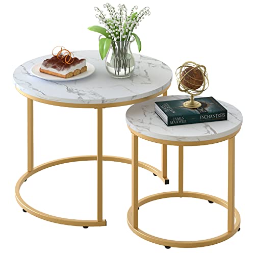 aboxoo Coffee Table Nesting White Set of 2 Side Set Golden Frame Circular Round and Marble Pattern Wooden Tables Living Room Bedroom Apartment Modern Industrial Simple Nightstand