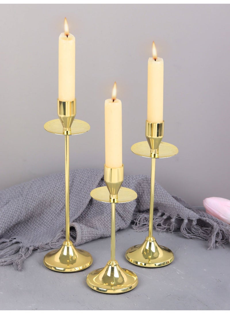 مجموعة من 3 حاملات شموع/حاملات شموع معدنية ذهبية، للشموع المدببة، حاملات شموع مزخرفة بقاعدة مضادة للانزلاق لحفلات الزفاف وتناول الطعام - Image 1