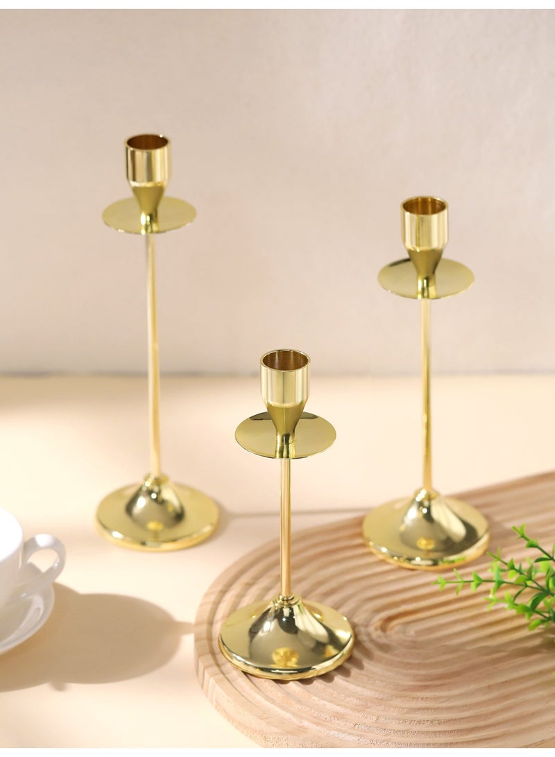 مجموعة من 3 حاملات شموع/حاملات شموع معدنية ذهبية، للشموع المدببة، حاملات شموع مزخرفة بقاعدة مضادة للانزلاق لحفلات الزفاف وتناول الطعام - Image 2