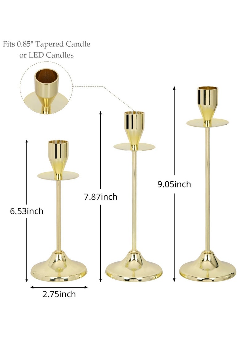 مجموعة من 3 حاملات شموع/حاملات شموع معدنية ذهبية، للشموع المدببة، حاملات شموع مزخرفة بقاعدة مضادة للانزلاق لحفلات الزفاف وتناول الطعام - Image 4
