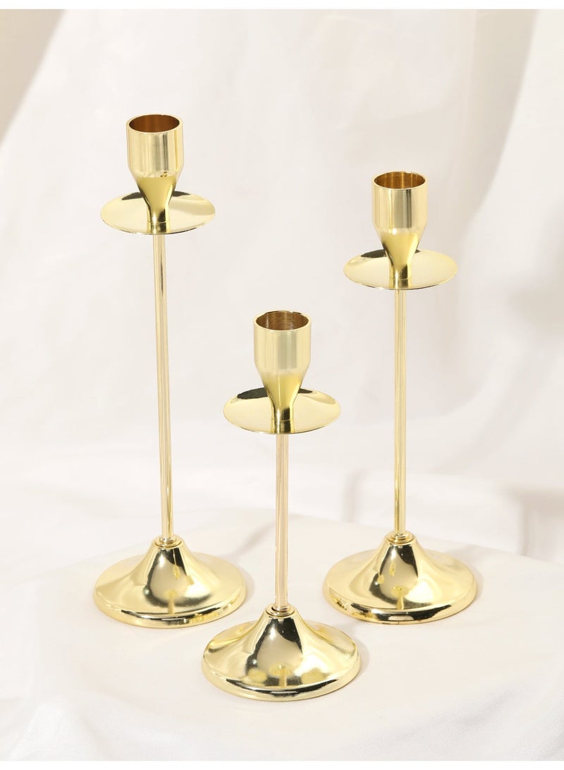 مجموعة من 3 حاملات شموع/حاملات شموع معدنية ذهبية، للشموع المدببة، حاملات شموع مزخرفة بقاعدة مضادة للانزلاق لحفلات الزفاف وتناول الطعام - Image 3
