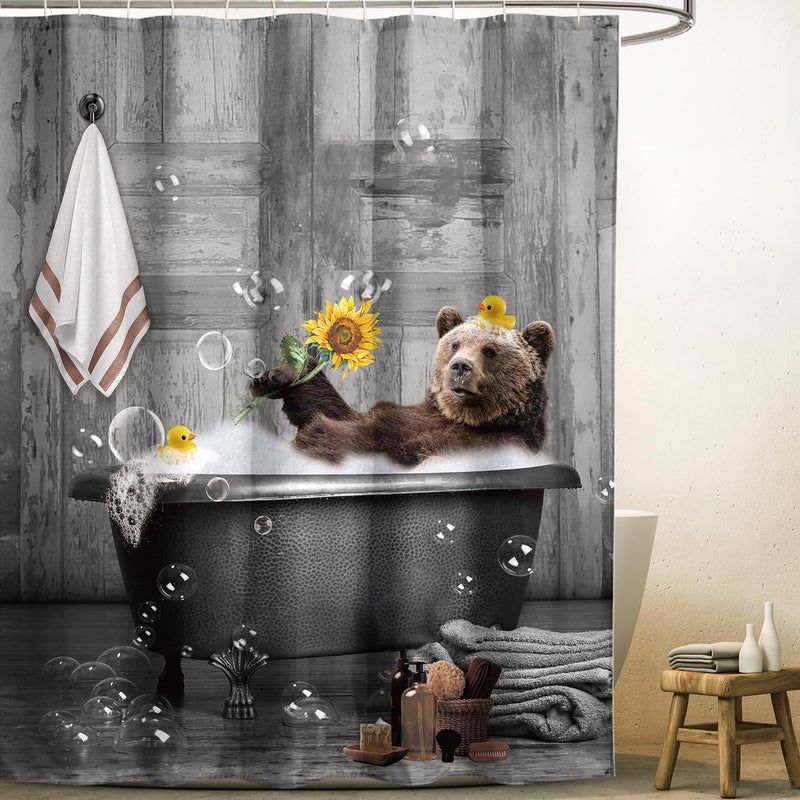Yookeb Bear Funny Bathroom Shower Curtain 60W by 71H Inch Farmhouse Wood Wooden Vintage Rustic Farmhouse Cabin Animal Polyester Fabric 12 Plastic Hooks Waterproof Decor - Image 1