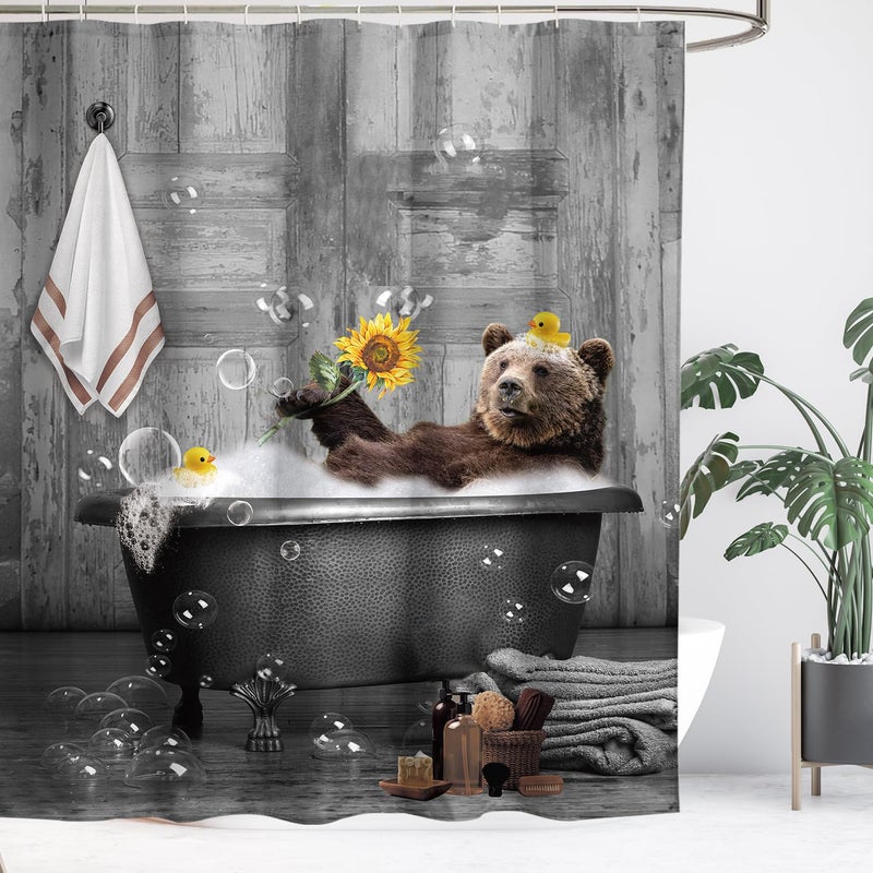 Yookeb Bear Funny Bathroom Shower Curtain 60W by 71H Inch Farmhouse Wood Wooden Vintage Rustic Farmhouse Cabin Animal Polyester Fabric 12 Plastic Hooks Waterproof Decor - Image 2