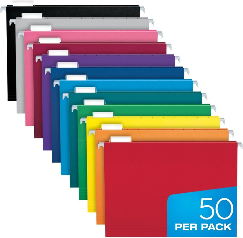 Pendaflex Hanging File Folders Letter Size with 1/5 Cut Adjustable Tabs - Bulk 50 Pack of 12 Assorted Color Hanging Folders for Filing Cabinet - Office Supplies Manilla File Folders 8.5 X 11 - Image 1