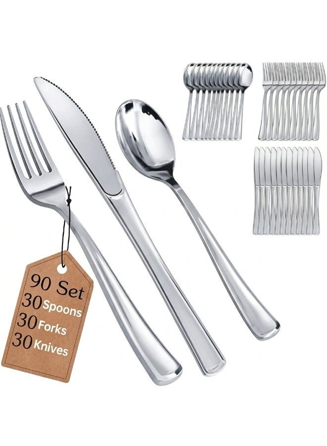 4basix Premium Silver Plastic Cutlery Set, 90 Pieces Flatware Collection Includes 30 Spoons 30 Forks And 30 Knives, Reusable Dining Tableware Set For Home Kitchen Serving And Events - Image 1