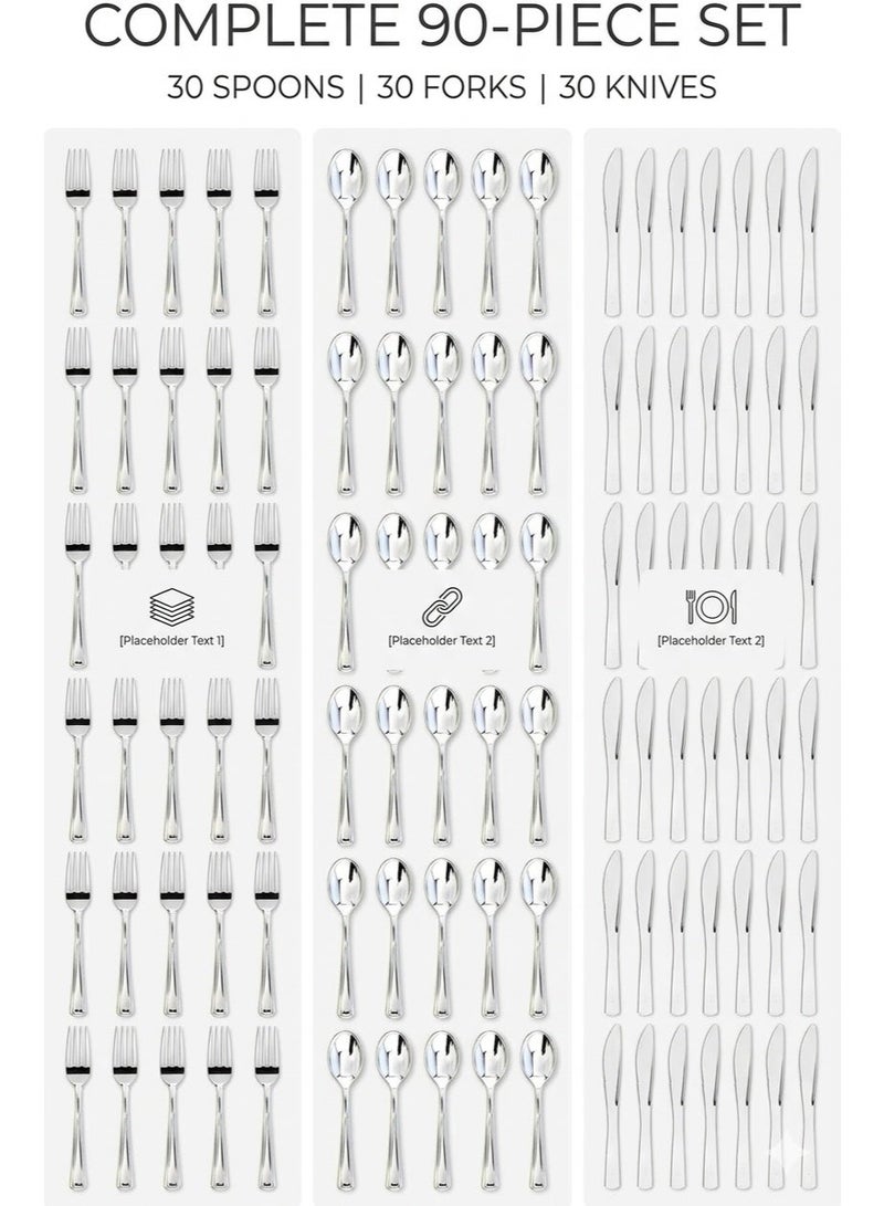 4basix Premium Silver Plastic Cutlery Set, 90 Pieces Flatware Collection Includes 30 Spoons 30 Forks And 30 Knives, Reusable Dining Tableware Set For Home Kitchen Serving And Events - Image 3